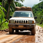**

A slightly beat-up 4x4 driving on a very bumpy, unpaved road in the Belizean jungle. Lush green vegetation surrounds the vehicle. The sun is shining brightly, but there are visible potholes and uneven terrain.  Include a sign indicating the road to Caracol in the background. The style should be realistic and slightly gritty, emphasizing the adventure travel aspect. Focus on conveying the challenging road conditions.

**