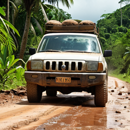Home 8 **
A slightly beat-up 4x4 driving on a very bumpy, unpaved road in the Belizean jungle. Lush green vegetation surrounds the vehicle. The sun is shining brightly, but there are visible potholes and uneven terrain. Include a sign indicating the road to Caracol in the background. The style should be realistic and slightly gritty, emphasizing the adventure travel aspect. Focus on conveying the challenging road conditions.
**