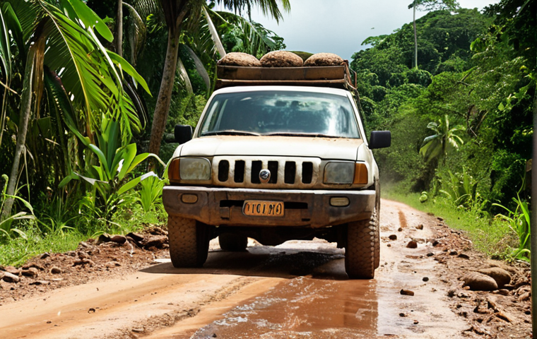 **
A slightly beat-up 4x4 driving on a very bumpy, unpaved road in the Belizean jungle. Lush green vegetation surrounds the vehicle. The sun is shining brightly, but there are visible potholes and uneven terrain. Include a sign indicating the road to Caracol in the background. The style should be realistic and slightly gritty, emphasizing the adventure travel aspect. Focus on conveying the challenging road conditions.
**